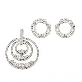 18k White Gold Diamond Circle of Life Earring and Pendant Suite